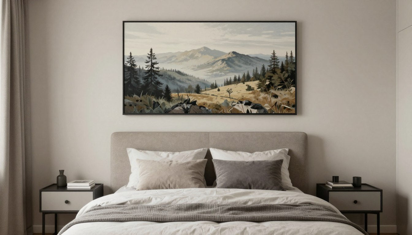 art for bedroom wall displaying serene landscape above modern bed
