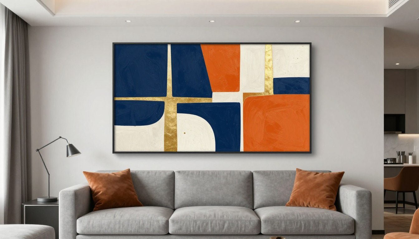 Large abstract wall art for living room featuring bold geometric patterns in modern space