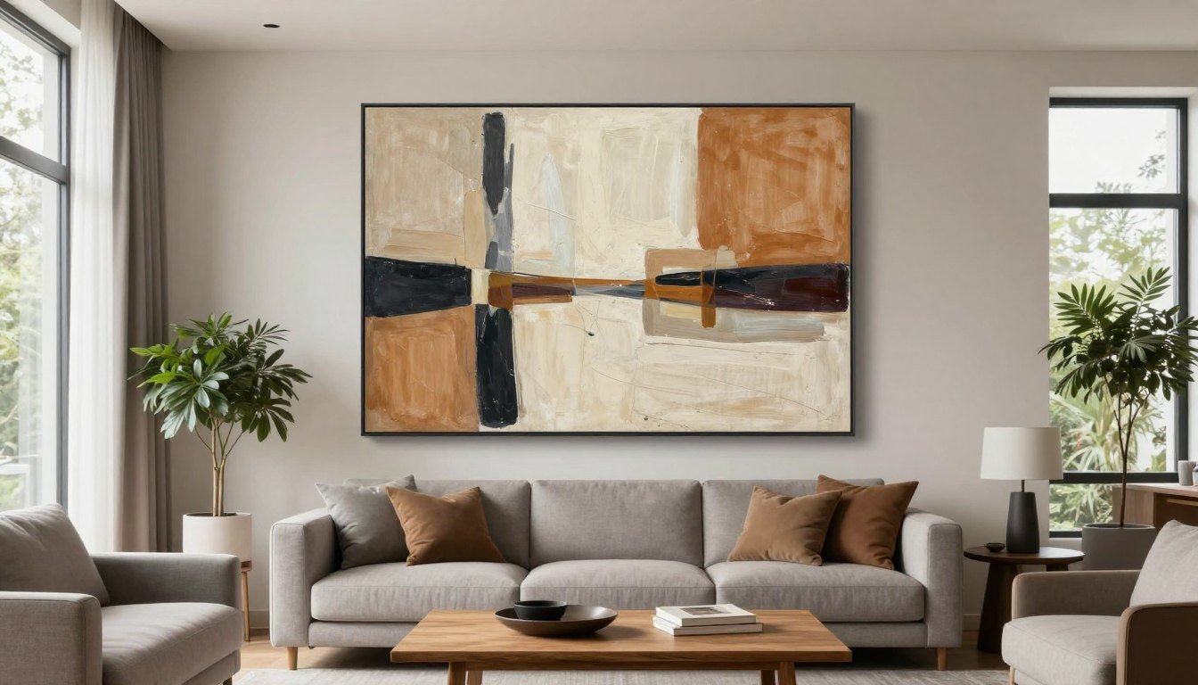 Modern living room with large abstract canvas wall art above neutral sofa