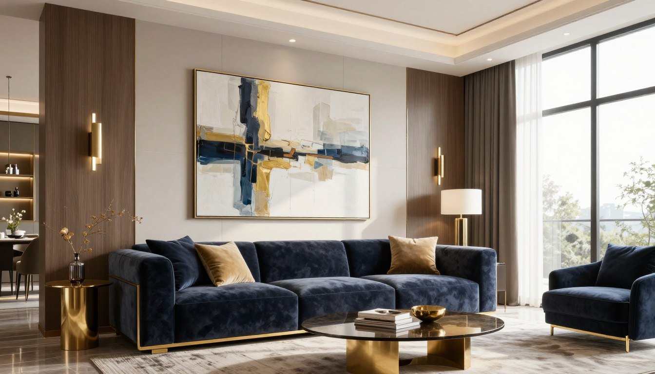 Luxury wall art decor featuring abstract painting in modern living room