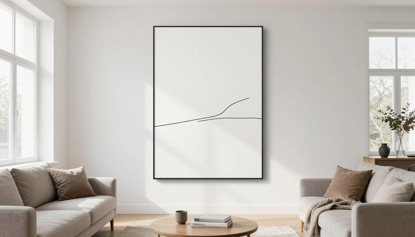 Modern minimalist wall art in a bright living room with neutral tones