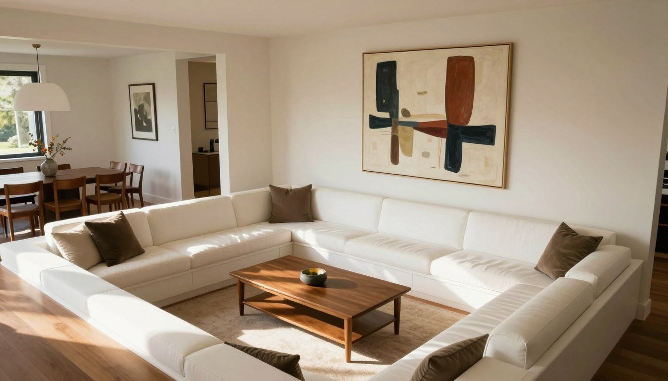 A modern conversation pit with perfectly placed oversized canvas art on the main wall