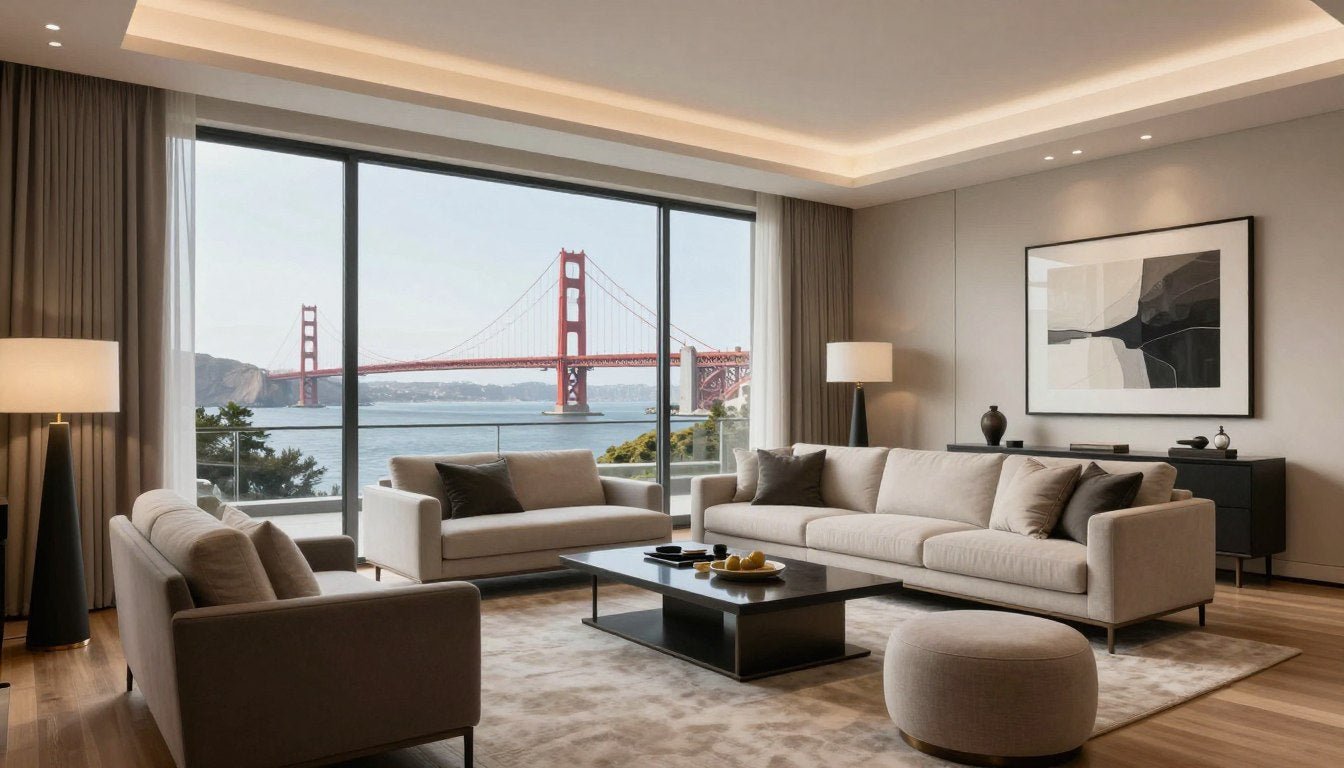 Luxury San Francisco living room with contemporary interior design and custom artwork