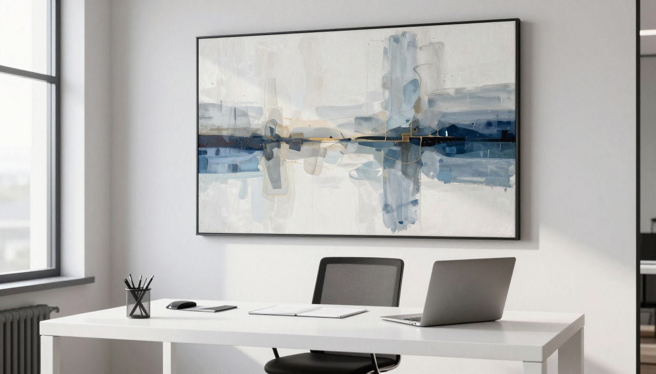 modern home office workspace with abstract canvas art on wall above minimalist desk