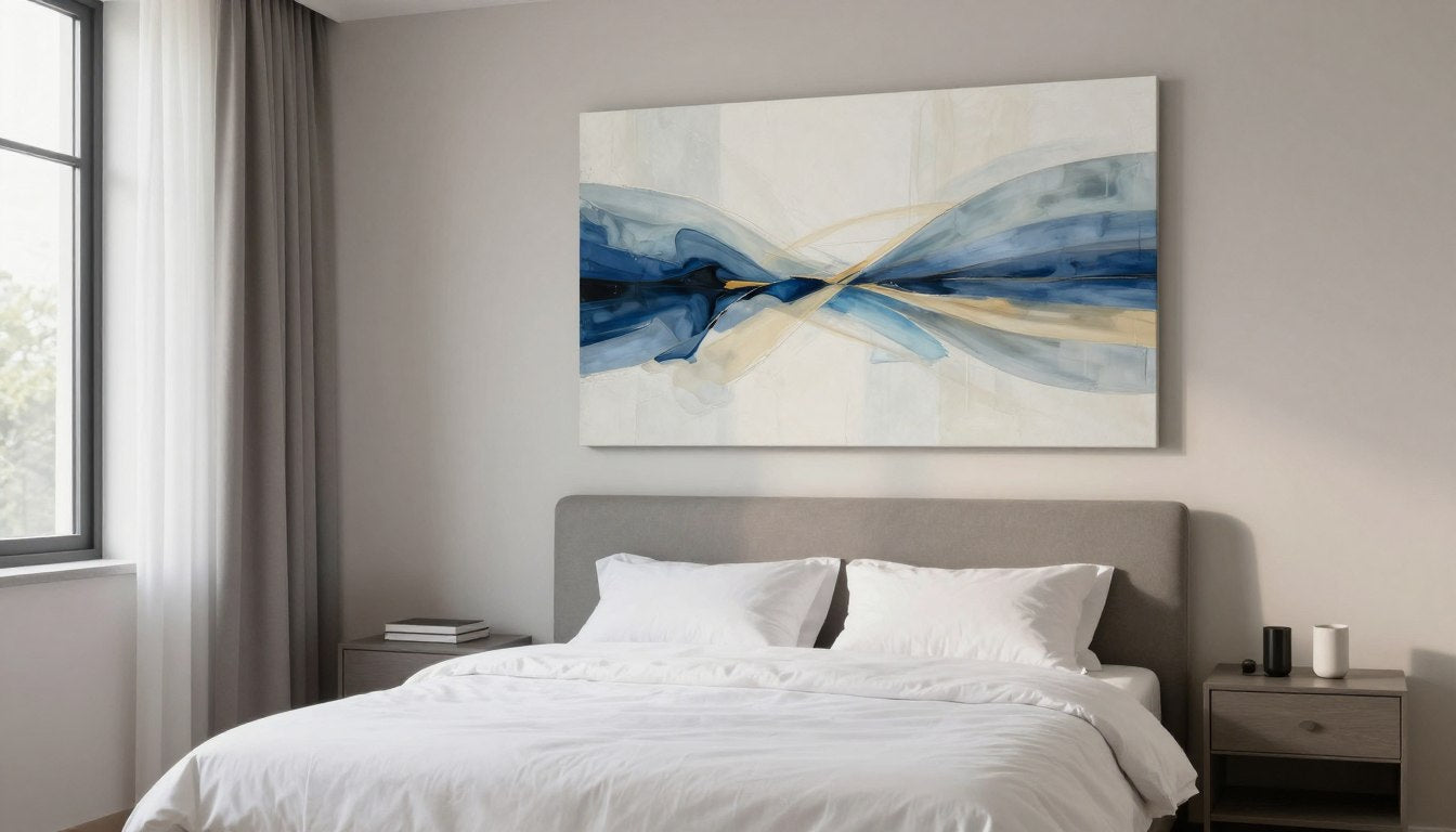 serene bedroom with large abstract wall art above bed featuring soft blue and cream tones