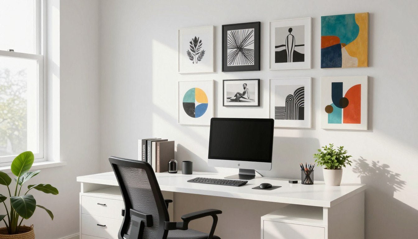 modern home office ideas with gallery wall art above desk