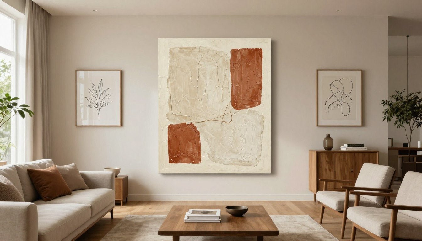 Modern living room featuring trendy wall art with textured abstract pieces and minimalist line drawings