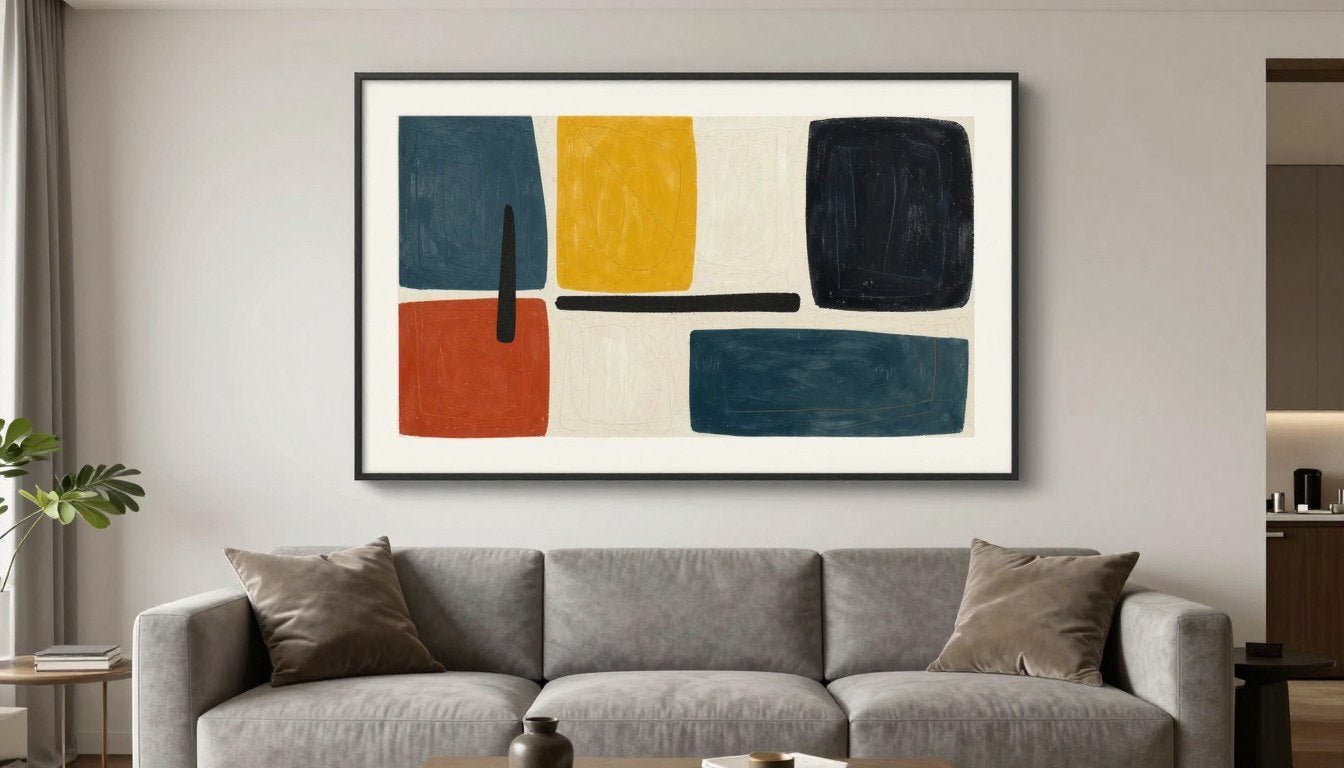 unique wall art for living room featuring abstract geometric prints above modern sofa