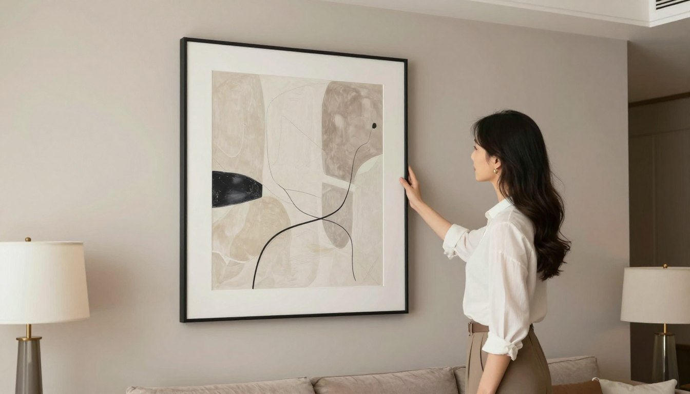 A woman admiring modern wall art in a stylish living room, perfect Valentine's Day gift that doesn't feel generic