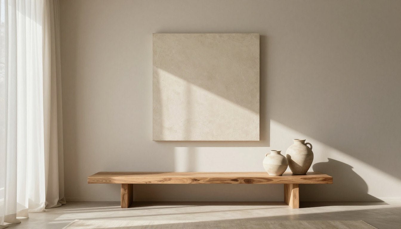 wabi sabi wall art in minimalist living room with natural light and organic textures