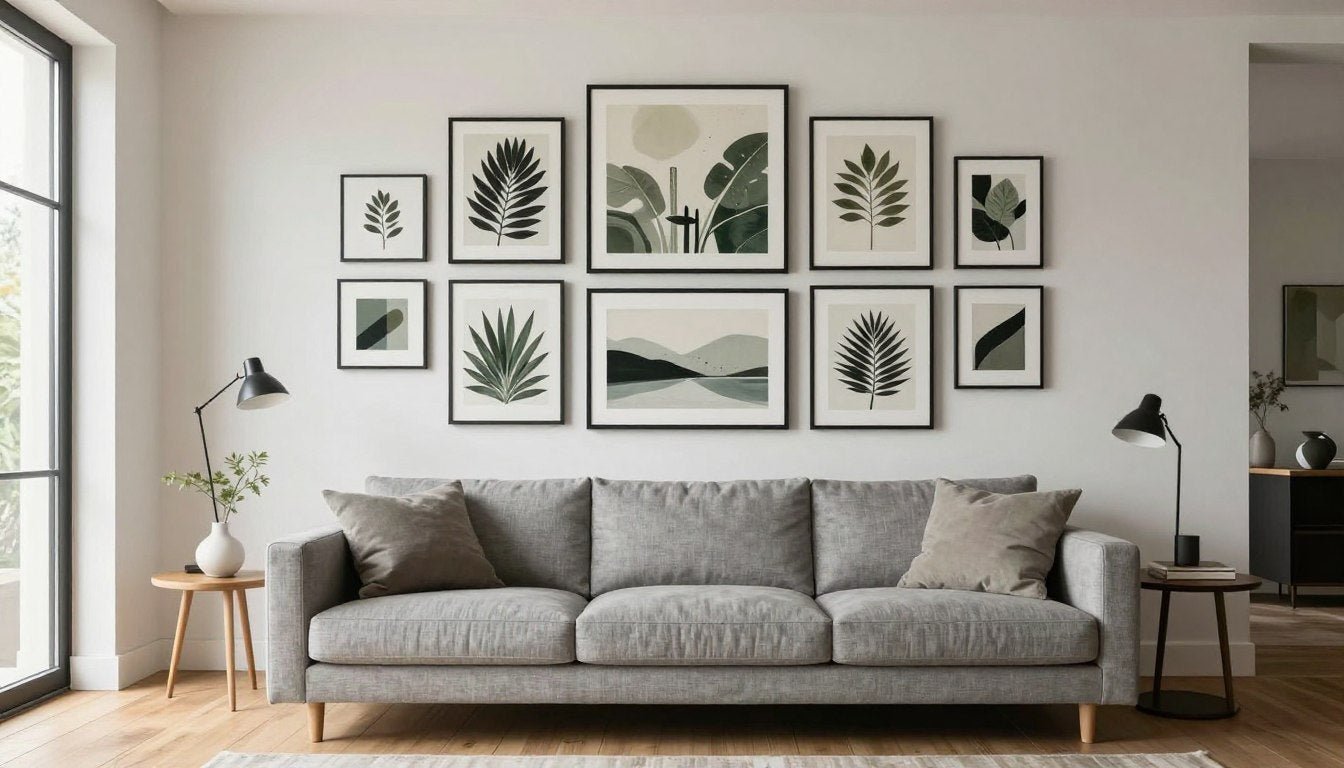 modern living room with curated gallery wall arrangement above grey sofa