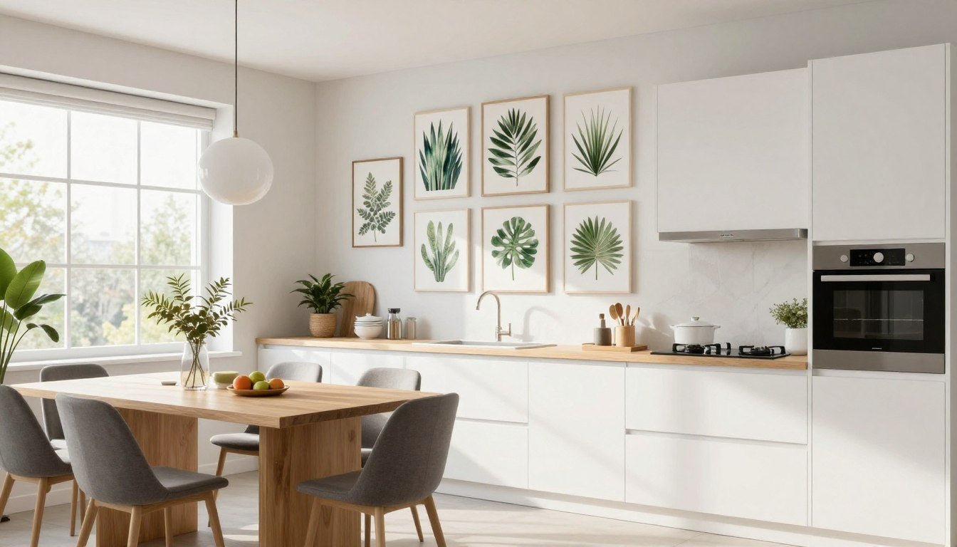 Modern kitchen with curated wall art above dining nook featuring botanical prints