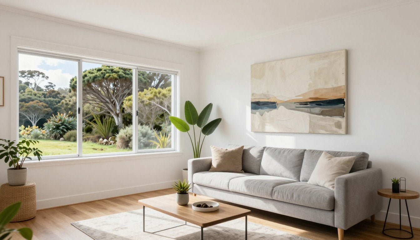 Modern living room in New Zealand home with large abstract canvas print above sofa