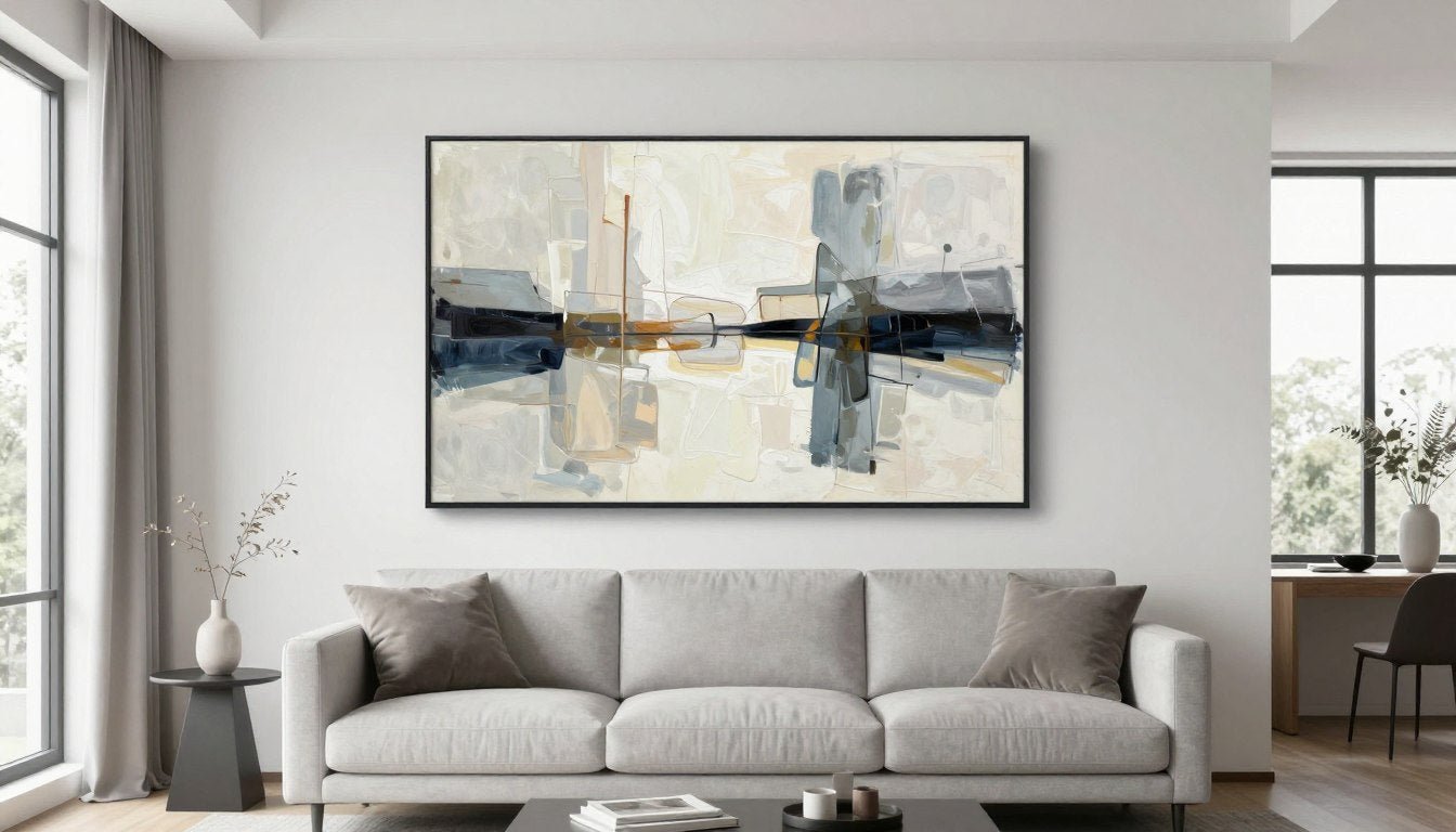 modern living room showcasing professional wall art placement above a neutral sofa with balanced spacing