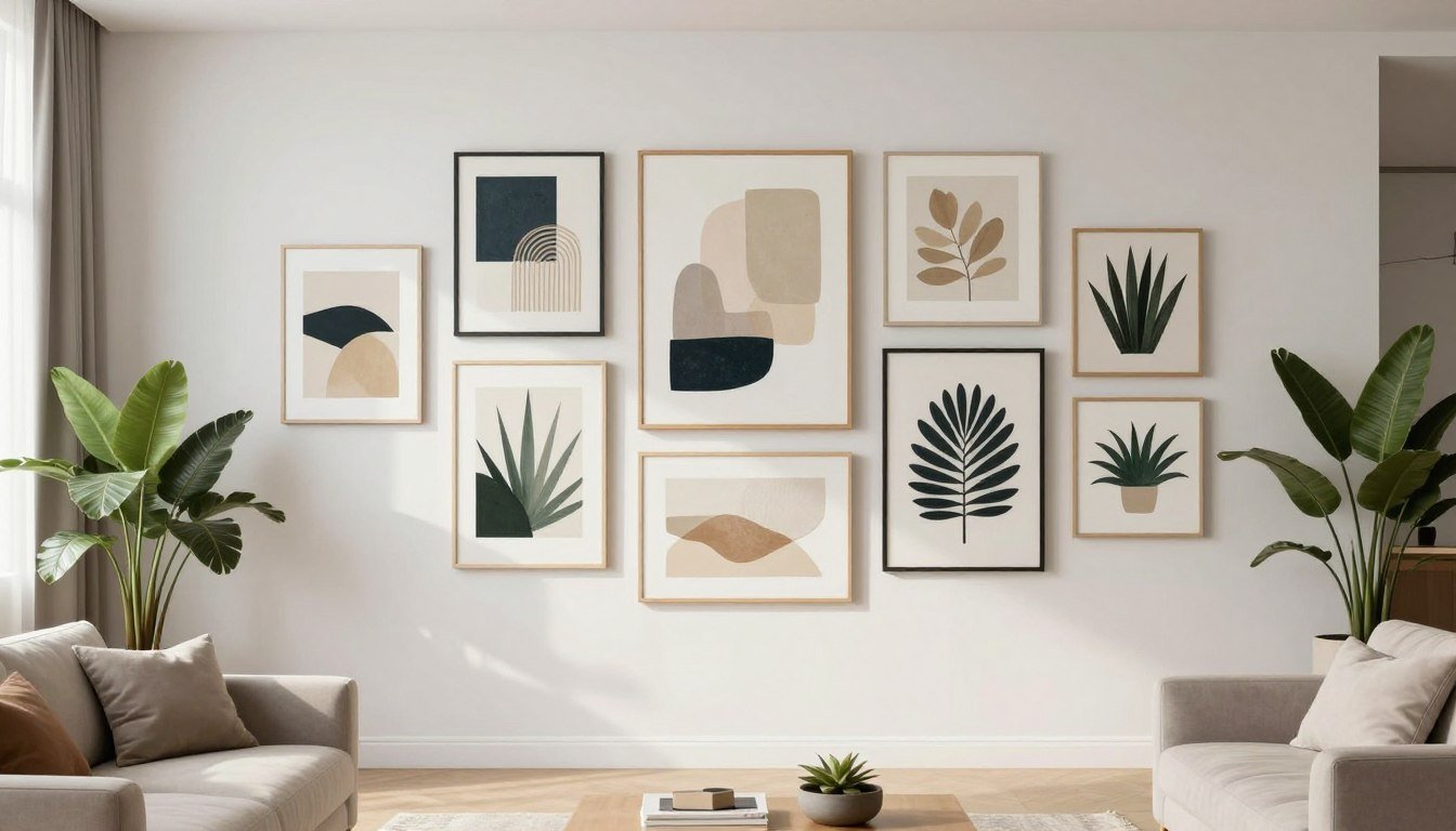 modern living room featuring wall art print canvas gallery wall with abstract and botanical prints