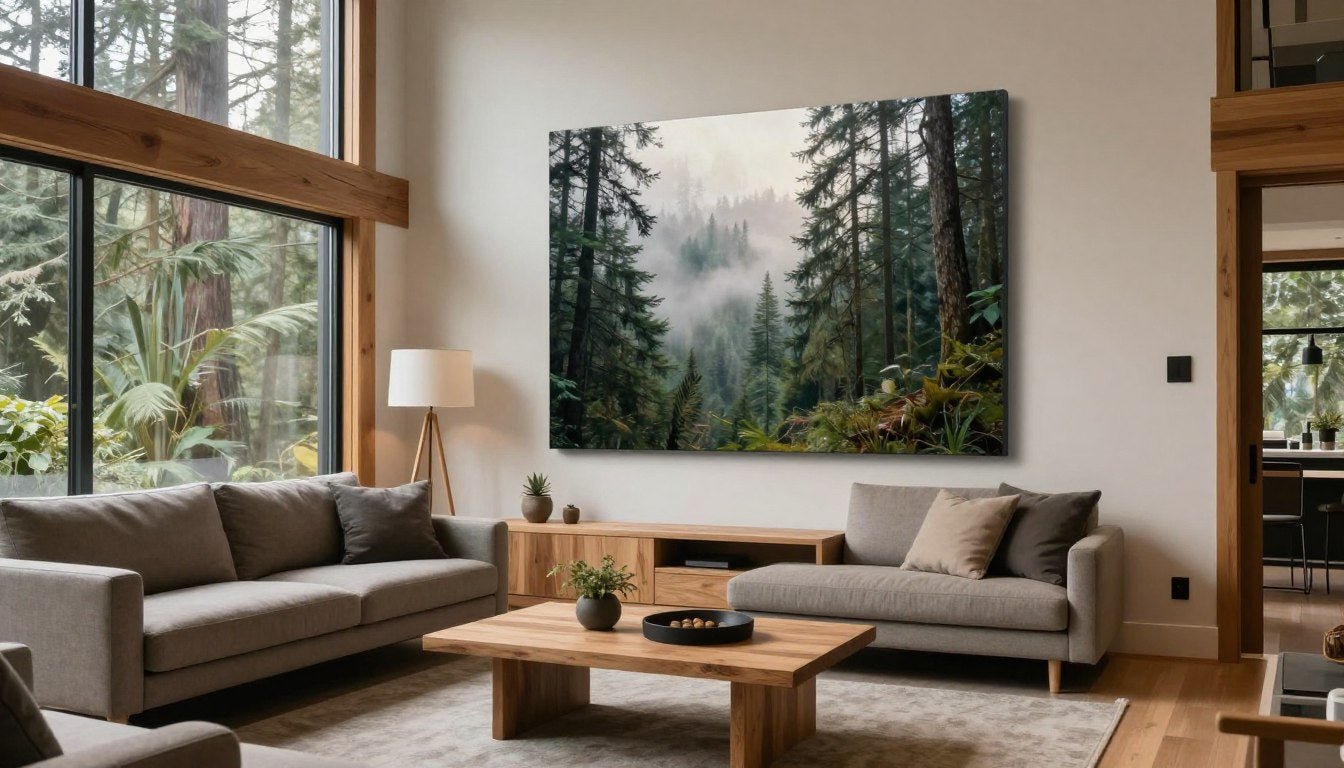 modern seattle living room with wall art featuring pacific northwest landscape