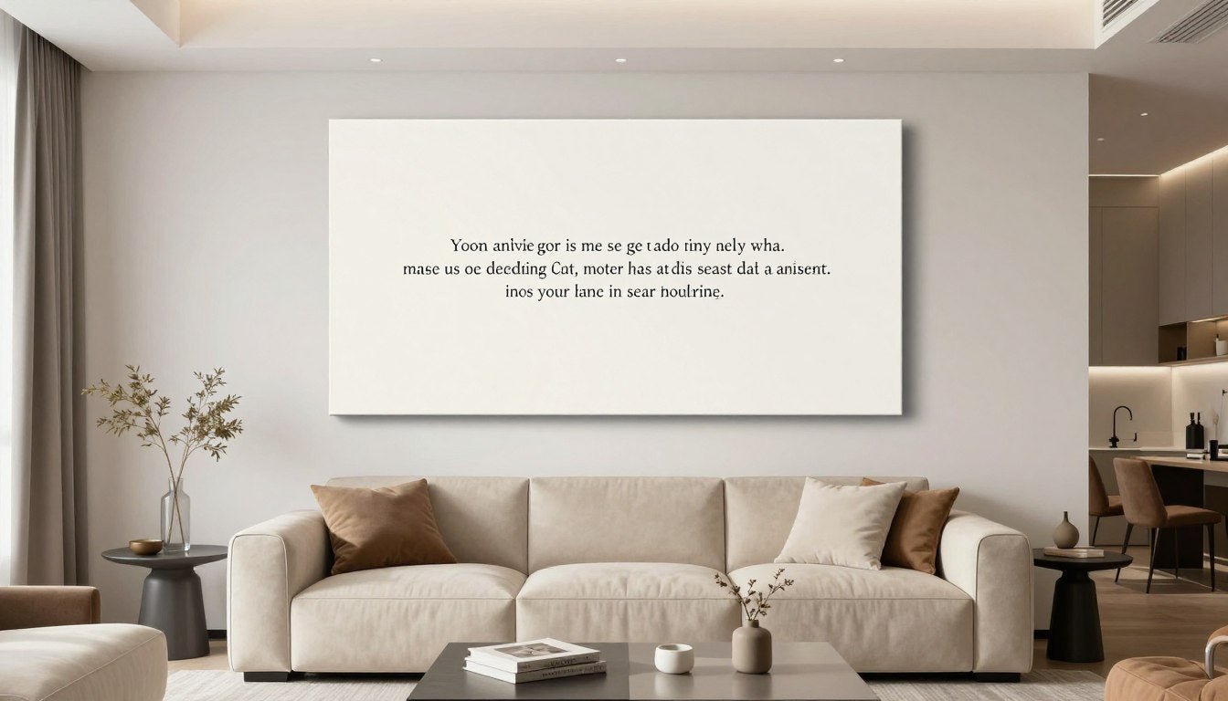 modern living room featuring elegant wall quotes art above a neutral sofa