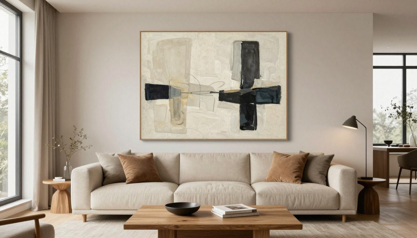 Modernes Wohnzimmer mit großformatigen Wandbildern über dem Sofa, neutrale Farbpalette