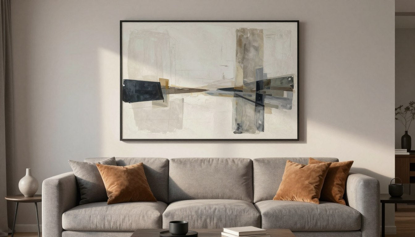 Moderne woonkamer met wanddecoratie living, canvas prints boven bank