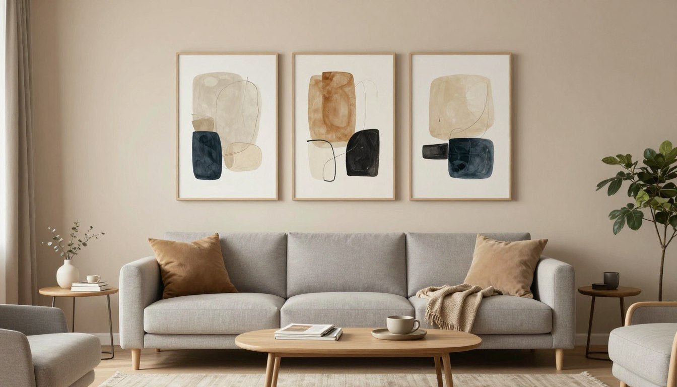 Modernes Wohnzimmer mit wanddekoration ideen und abstrakten Leinwanddrucken über dem Sofa