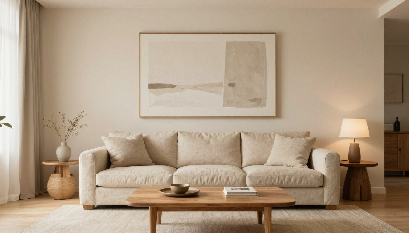 A warm minimalist living room featuring neutral tones, natural textures, and a statement art piece