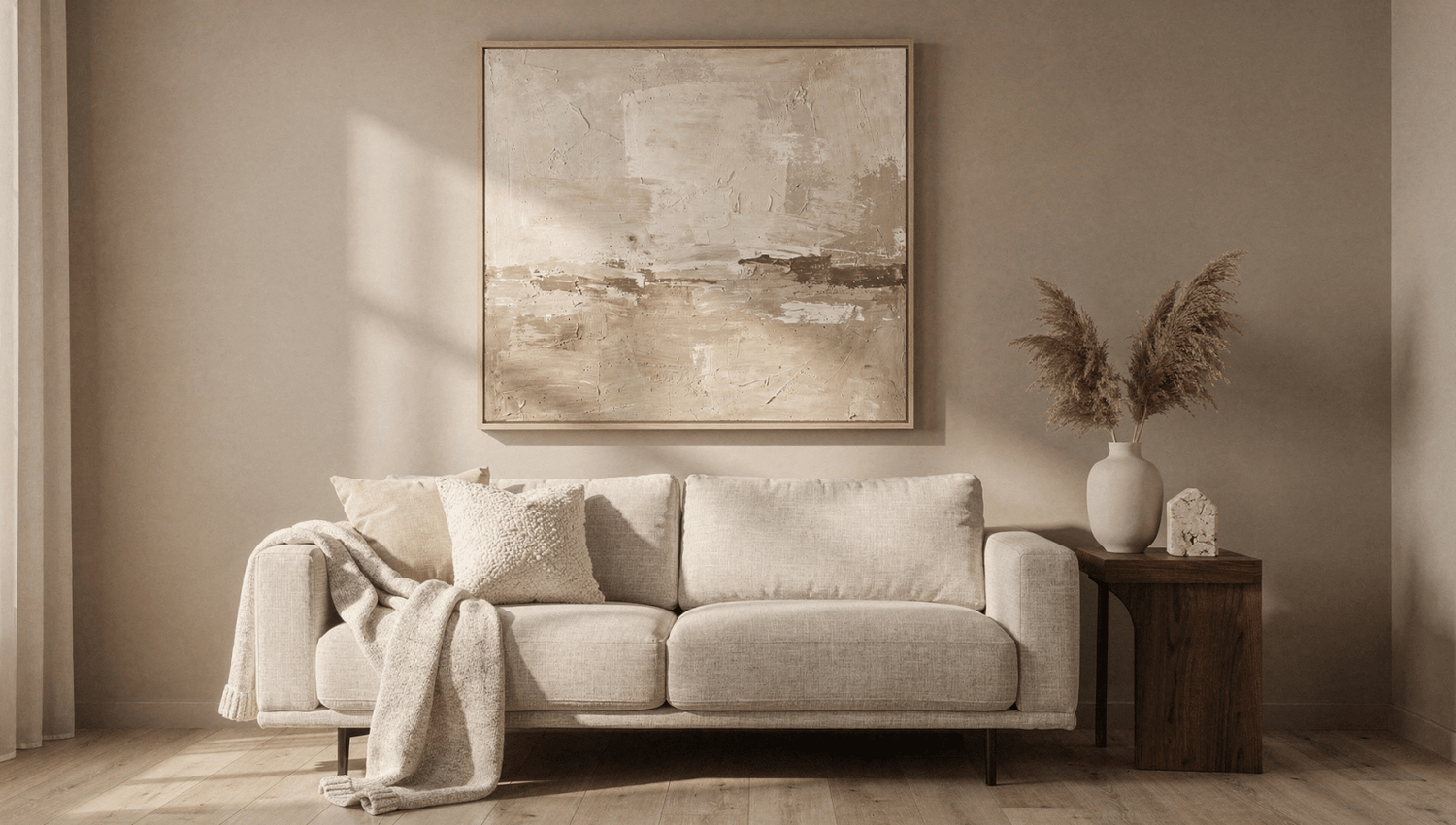 Warm minimalism interior design living room with neutral textured abstract canvas print by Rossetti Art