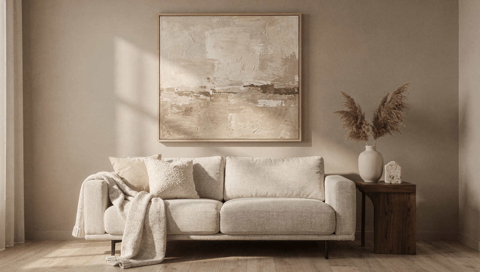 Warm minimalism interior design living room with neutral textured abstract canvas print by Rossetti Art