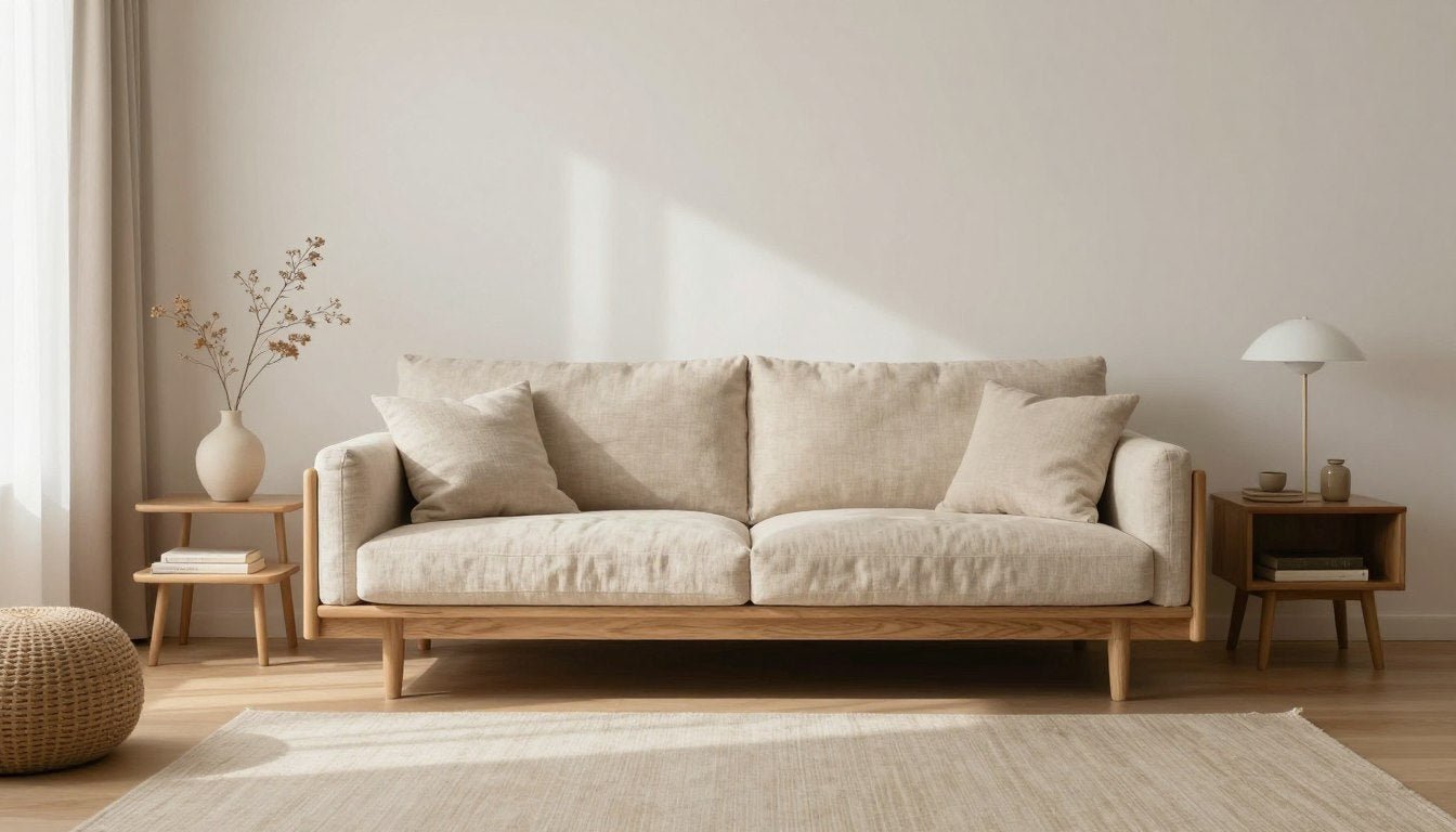 A warm minimalist living room with natural wood furniture, textured neutral fabrics, and soft lighting