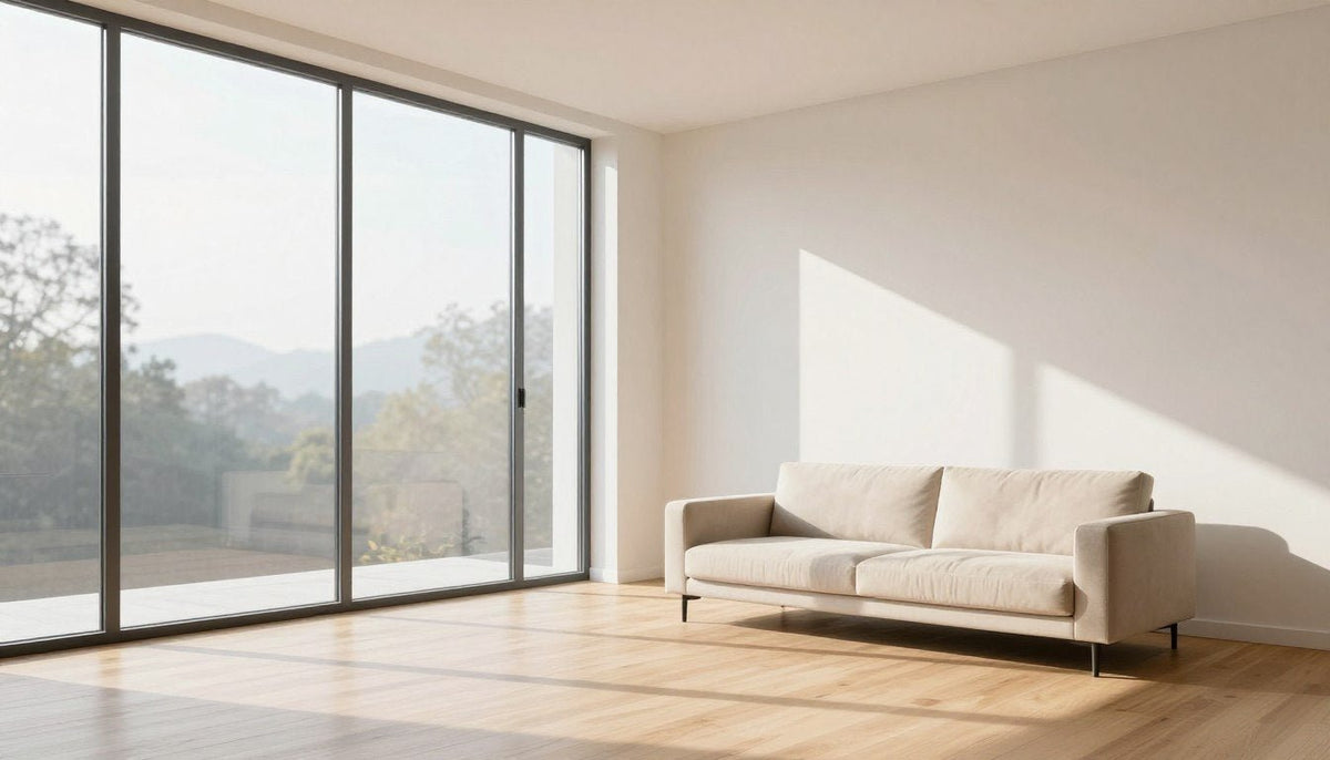 Minimalist living room with warm natural light streaming through large windows