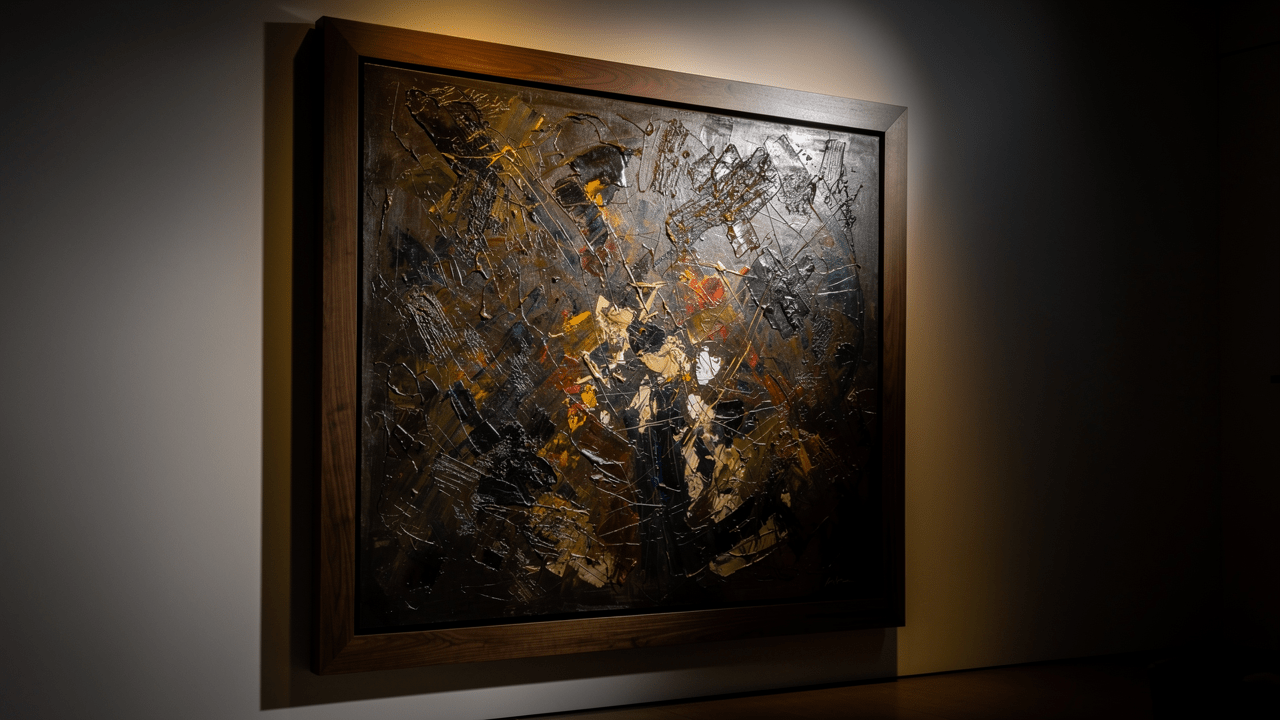 textured original painting with visible palette-knife texture in a dark wood floater frame