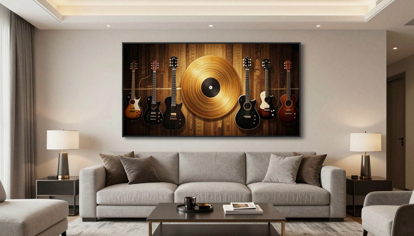 elegant living room featuring music-themed wall art above modern sofa