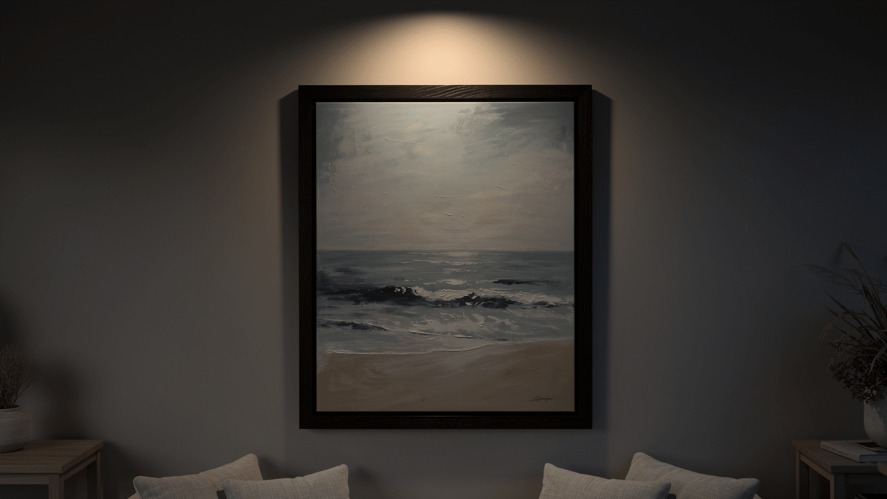 coastal wall art canvas print in a dark wood floater frame styled in a modern coastal interior