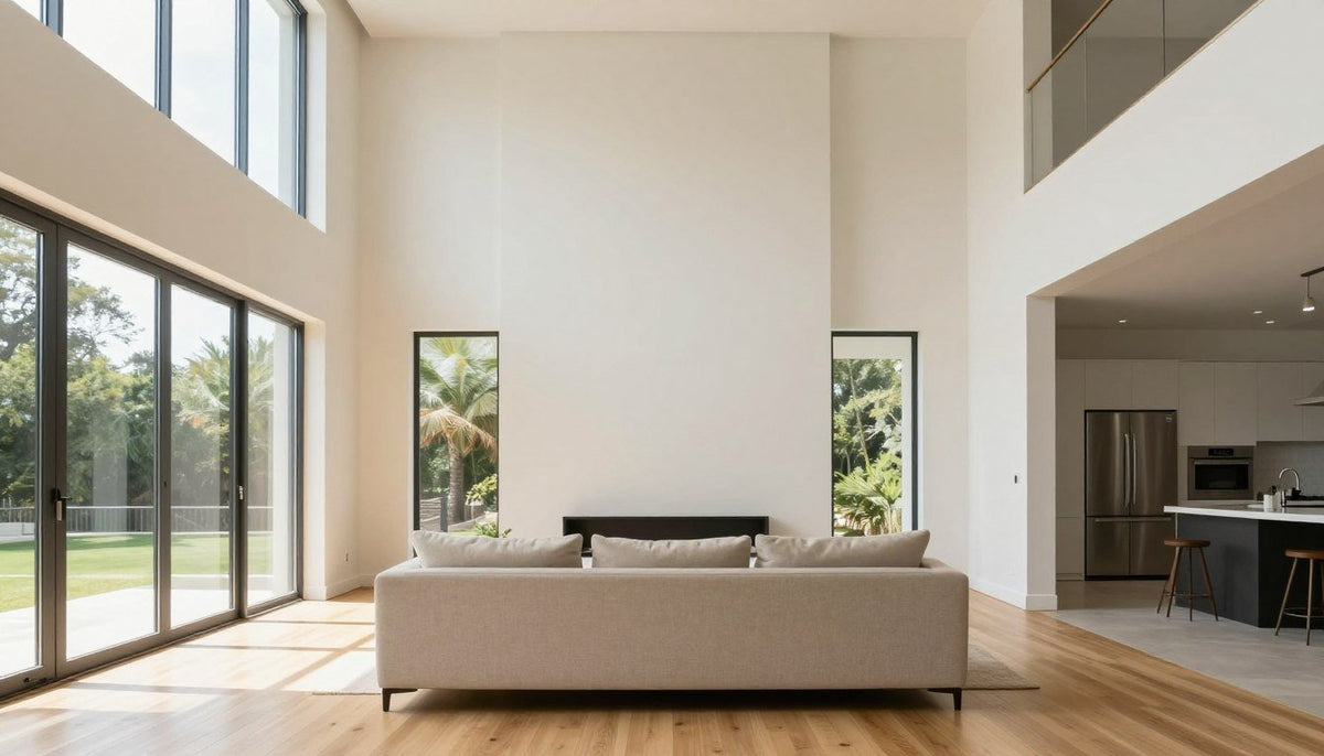 What to put on a large empty wall: large framed canvas artwork centered over a neutral sofa