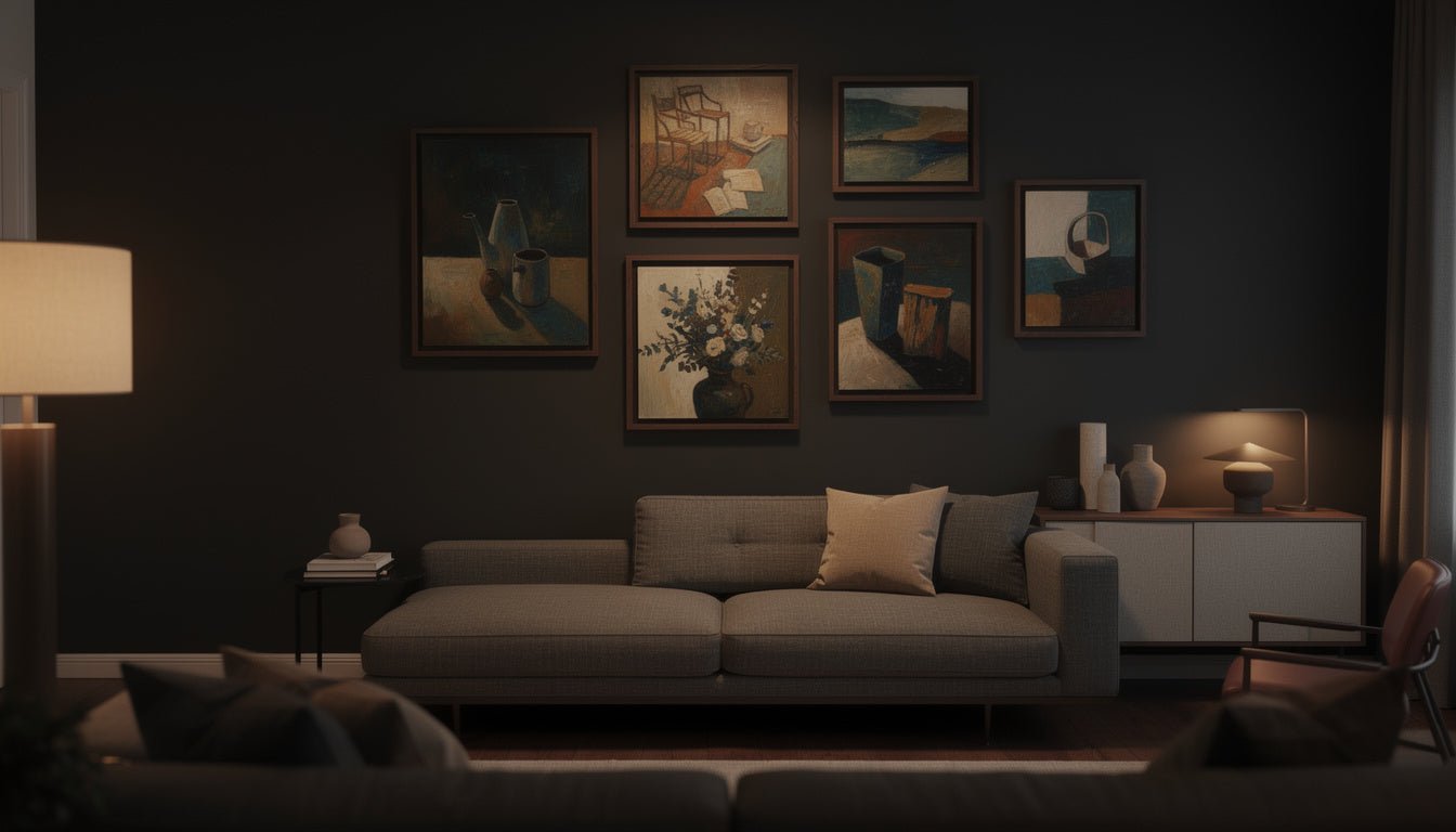 collection of original paintings by a female artist styled in a warm living room gallery wall