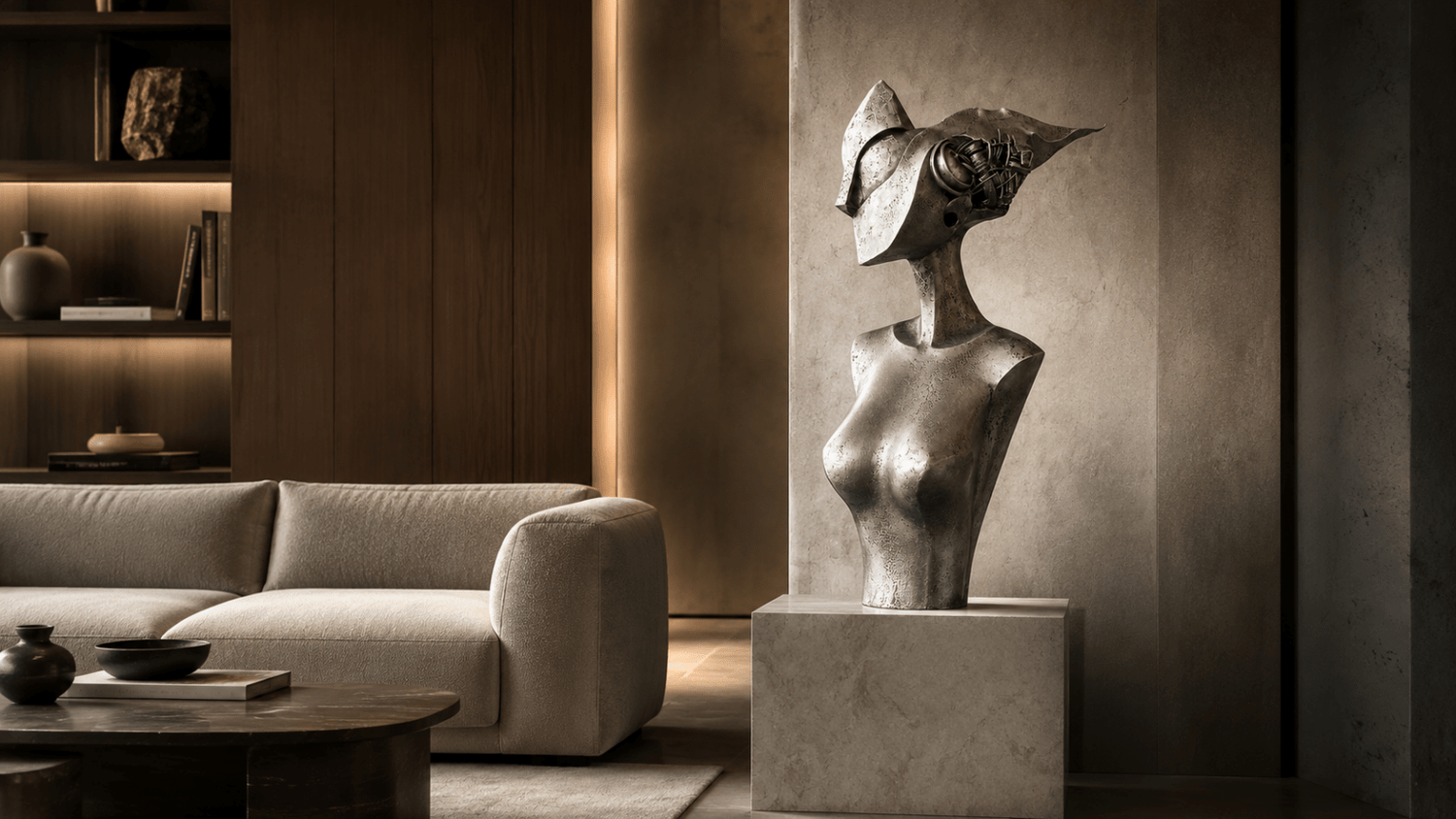 Modern sculptures for contemporary home interiors – a sculptural artwork in a modern living room by Rossetti Art