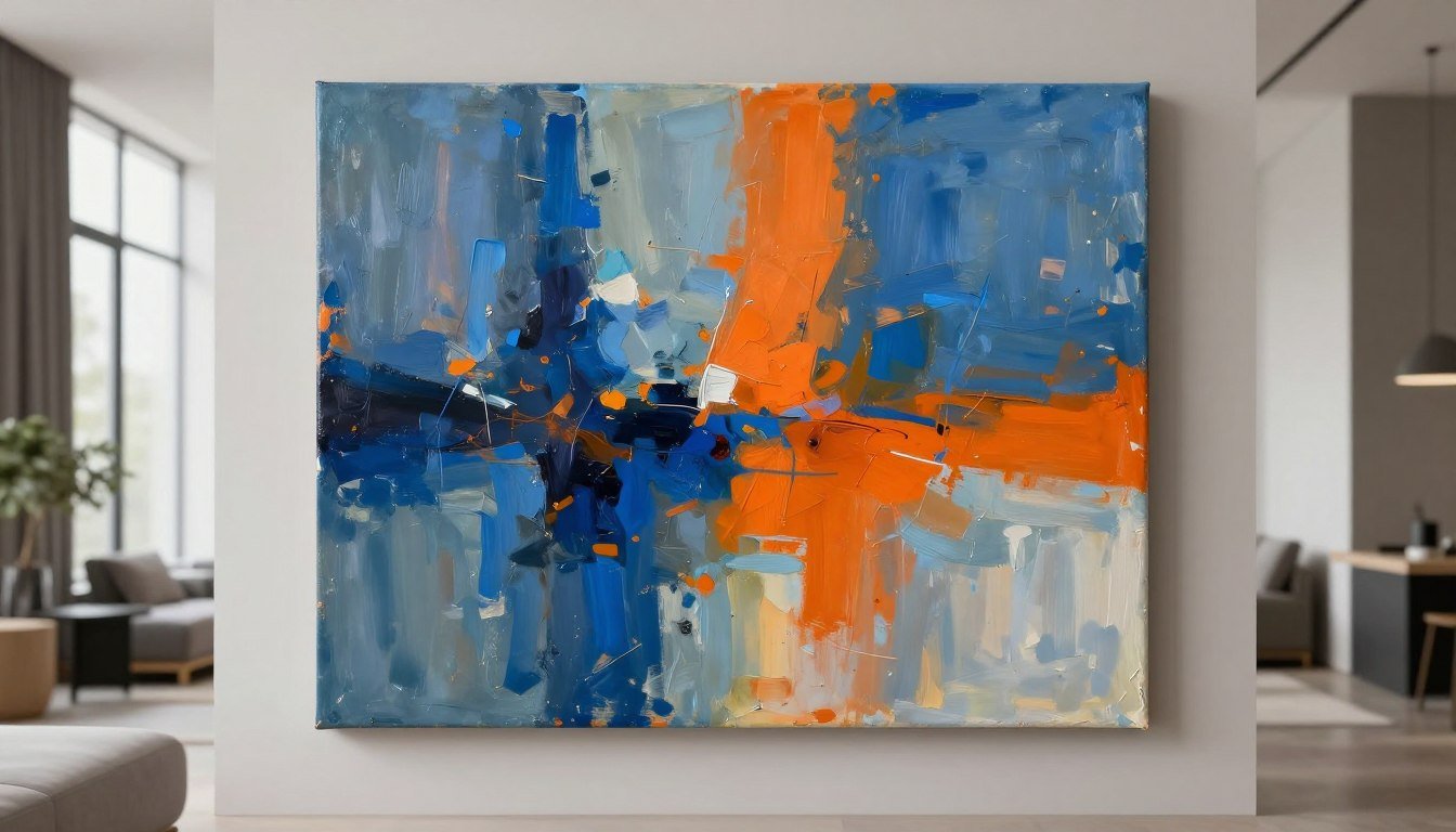 Abstract canvas art displaying emotional expression through bold colors and dynamic brushstrokes in a modern living space