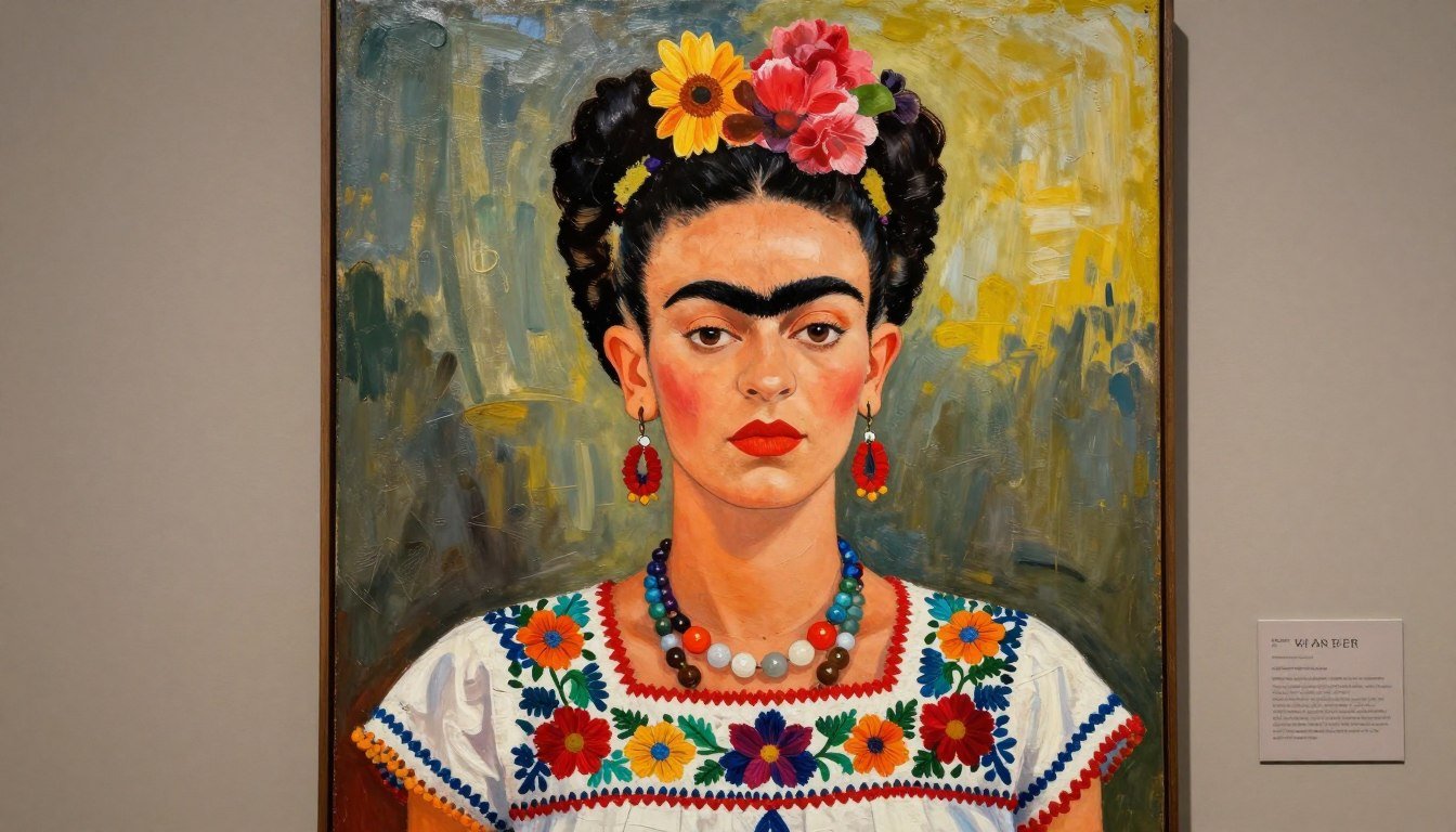 Frida Kahlo self-portrait with bold colors and traditional Mexican flowers