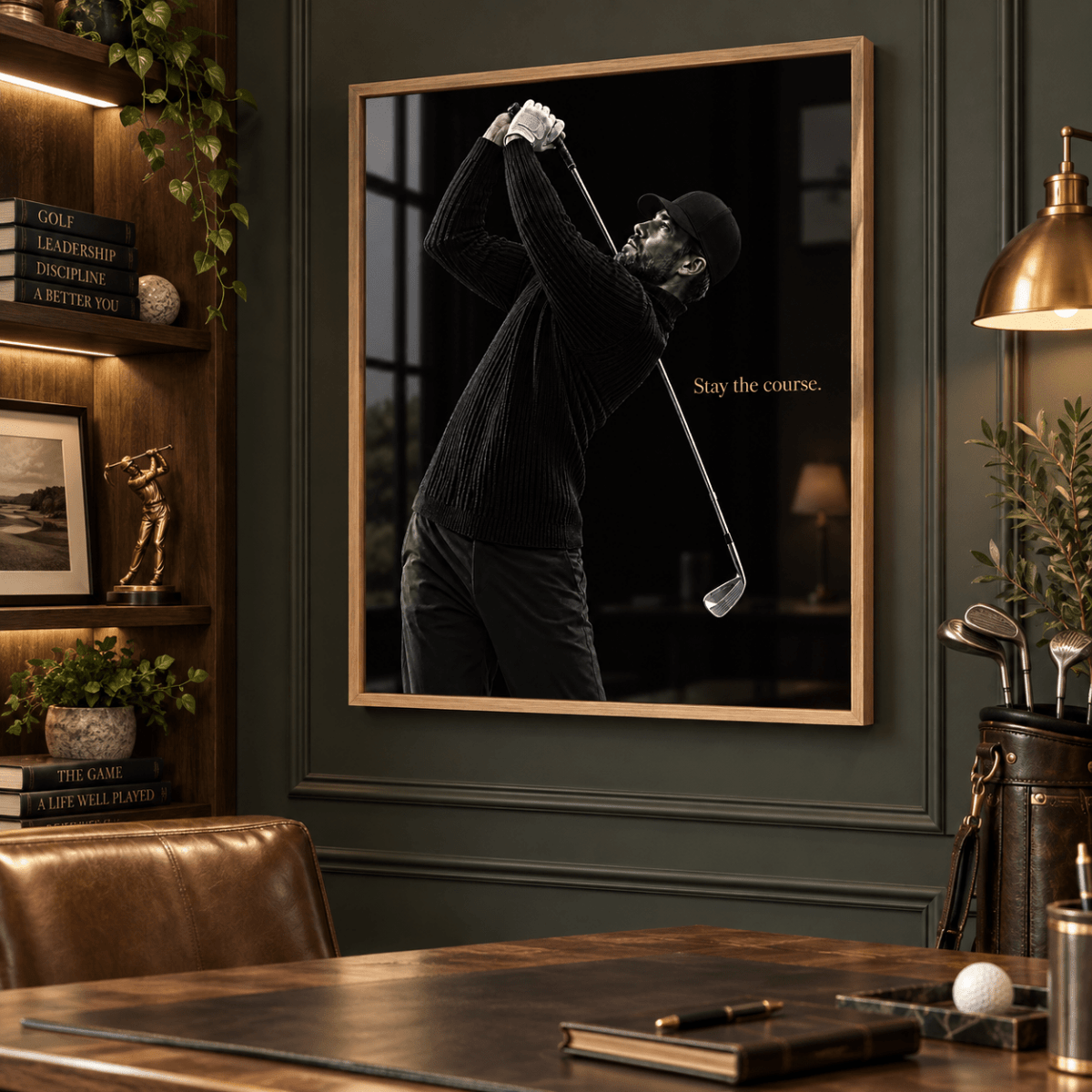 Golf wall art – black golfer acrylic print above a leather chair and desk in a golf-themed study by Rossetti Art