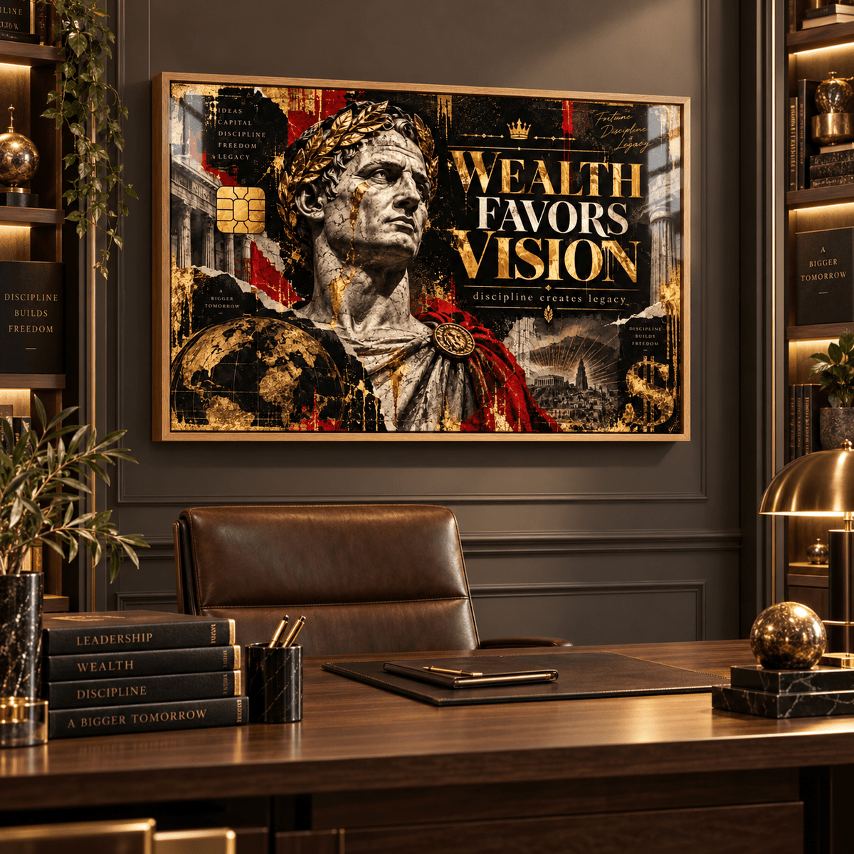 Wall art for men – acrylic print above a leather chair and desk in a luxury home office by Rossetti Art