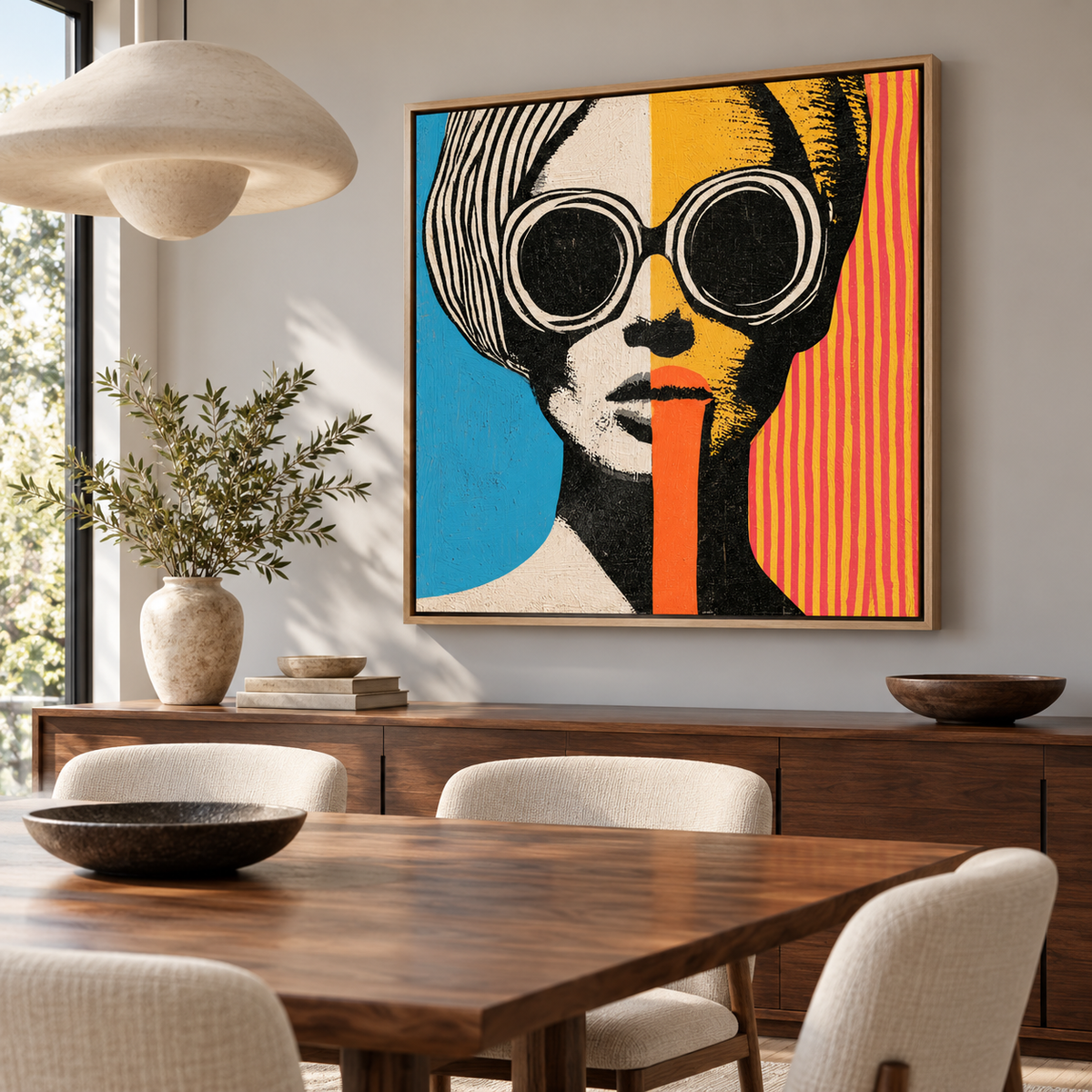 1960s Wall Art Canvas Print – Split Shades by Rossetti Art, colourful pop portrait with round sunglasses in a dining room