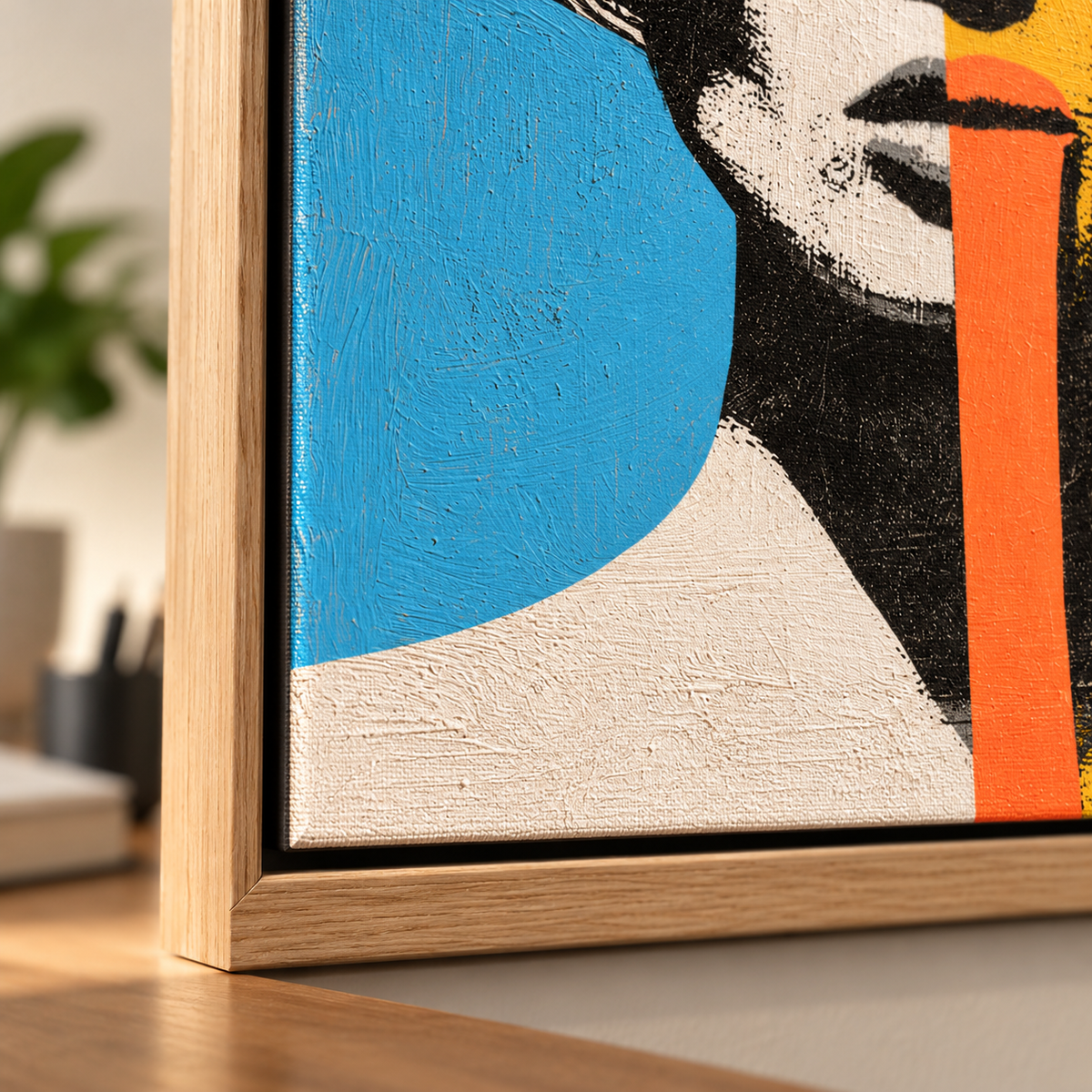 1960s Wall Art Canvas Print – Split Shades by Rossetti Art, framed canvas corner in cyan and cream texture