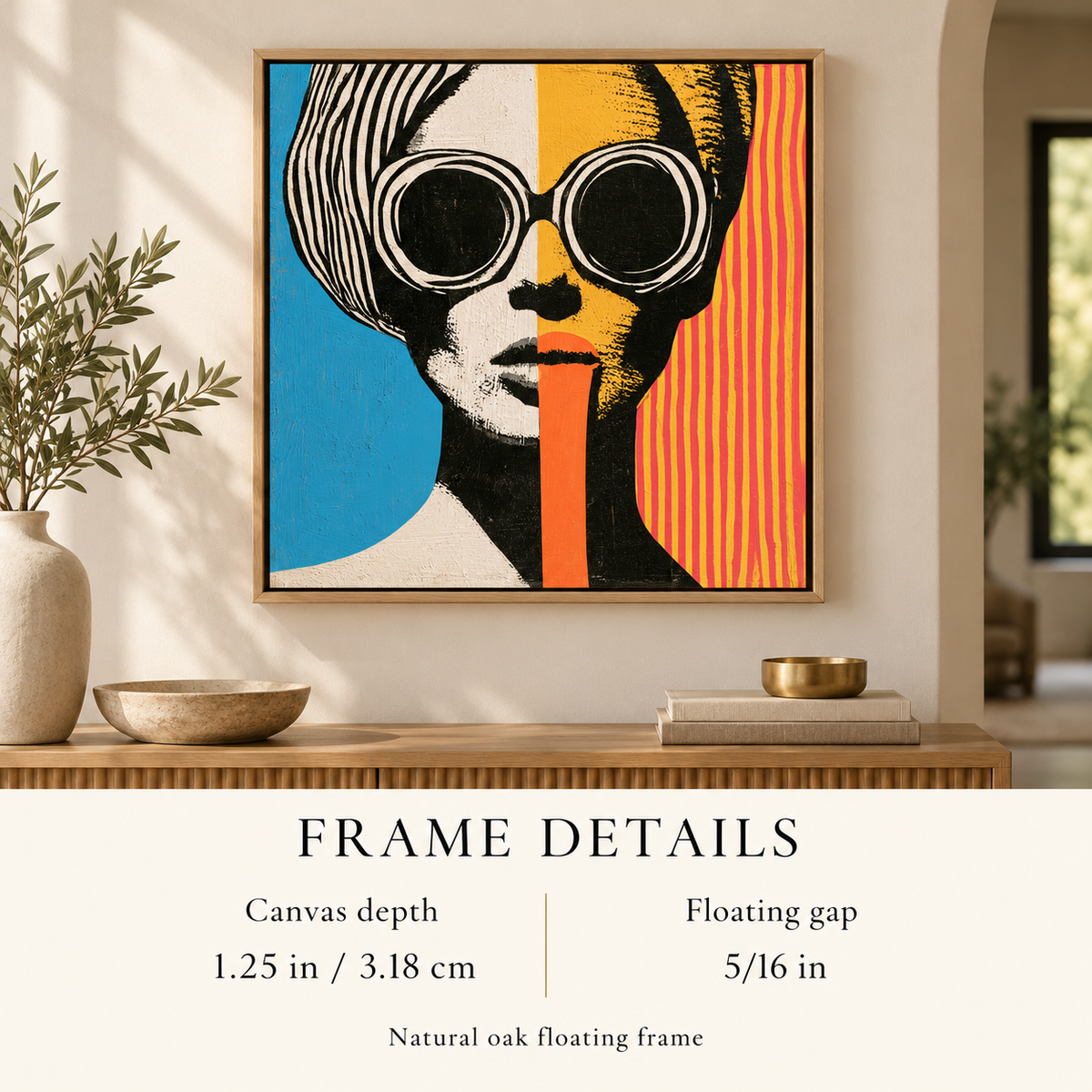 1960s Wall Art Canvas Print – Split Shades by Rossetti Art, close-up of the floater frame detail