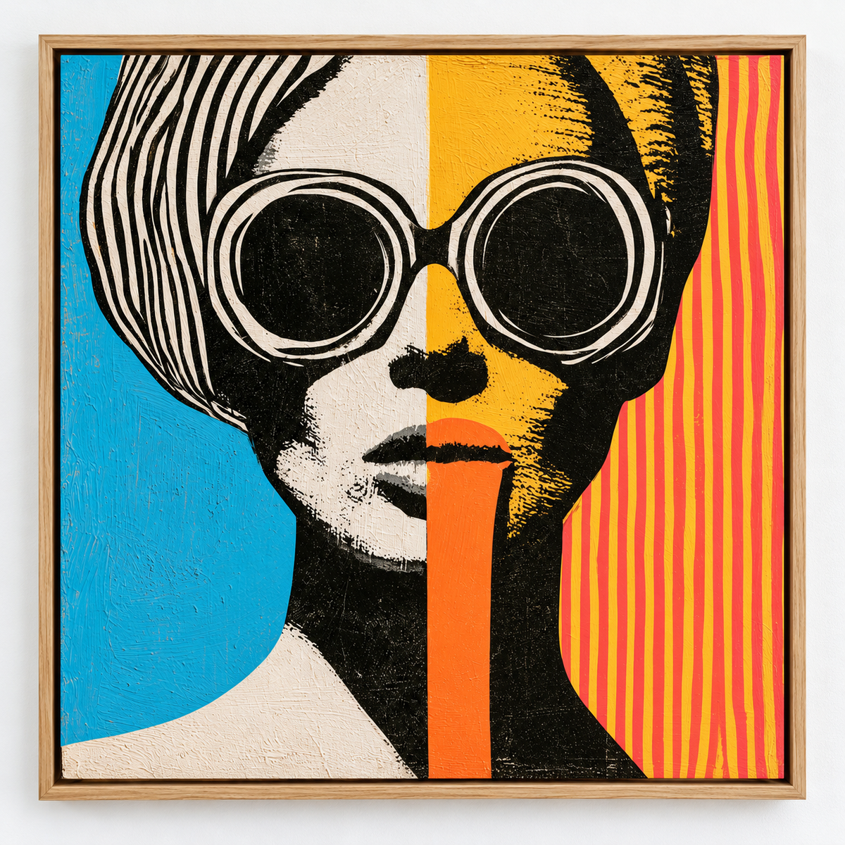 1960s Wall Art Canvas Print – Split Shades by Rossetti Art, sunglasses portrait in a floater frame