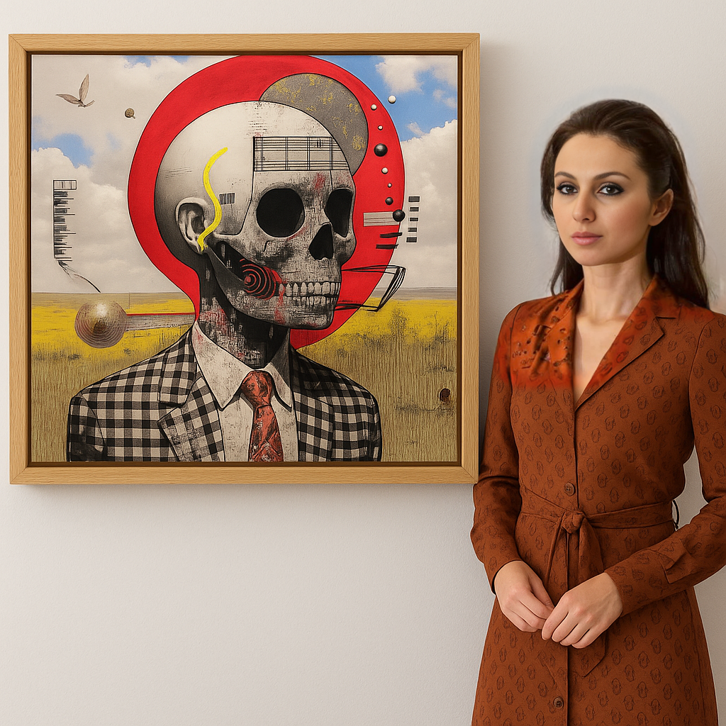 Canvas Print : Skull Reverie - Surreal Skull Art Print – Modern Mixed Media Wall Decor with Red Accents - Chiara Rossetti