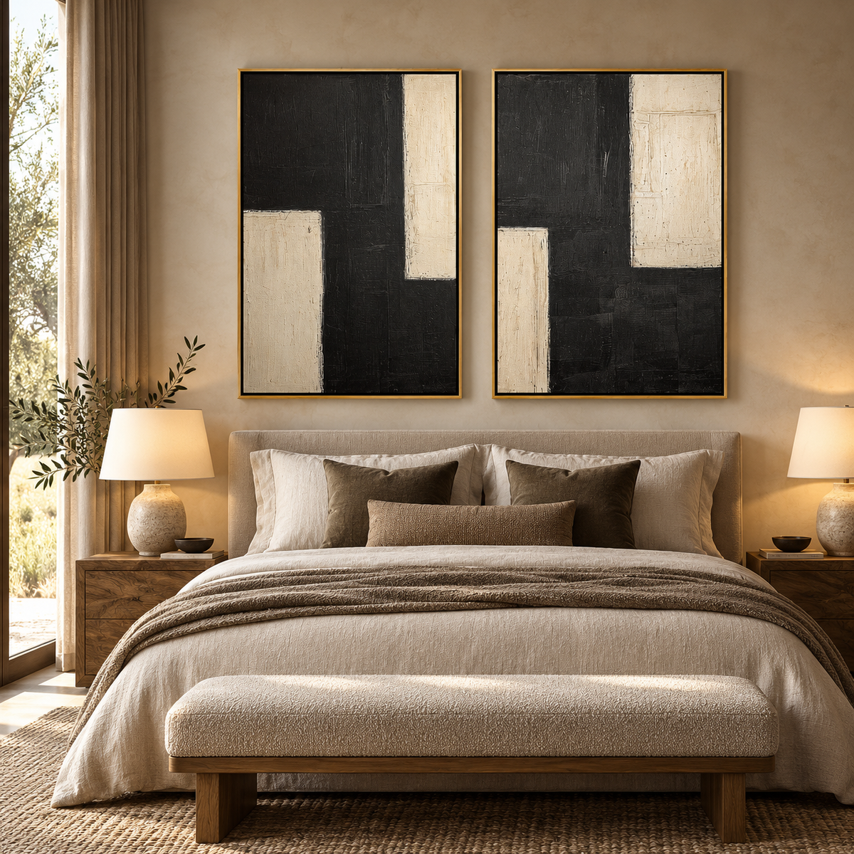 2 piece wall art above a bed in a warm neutral bedroom – Twin Monoliths by Rossetti Art