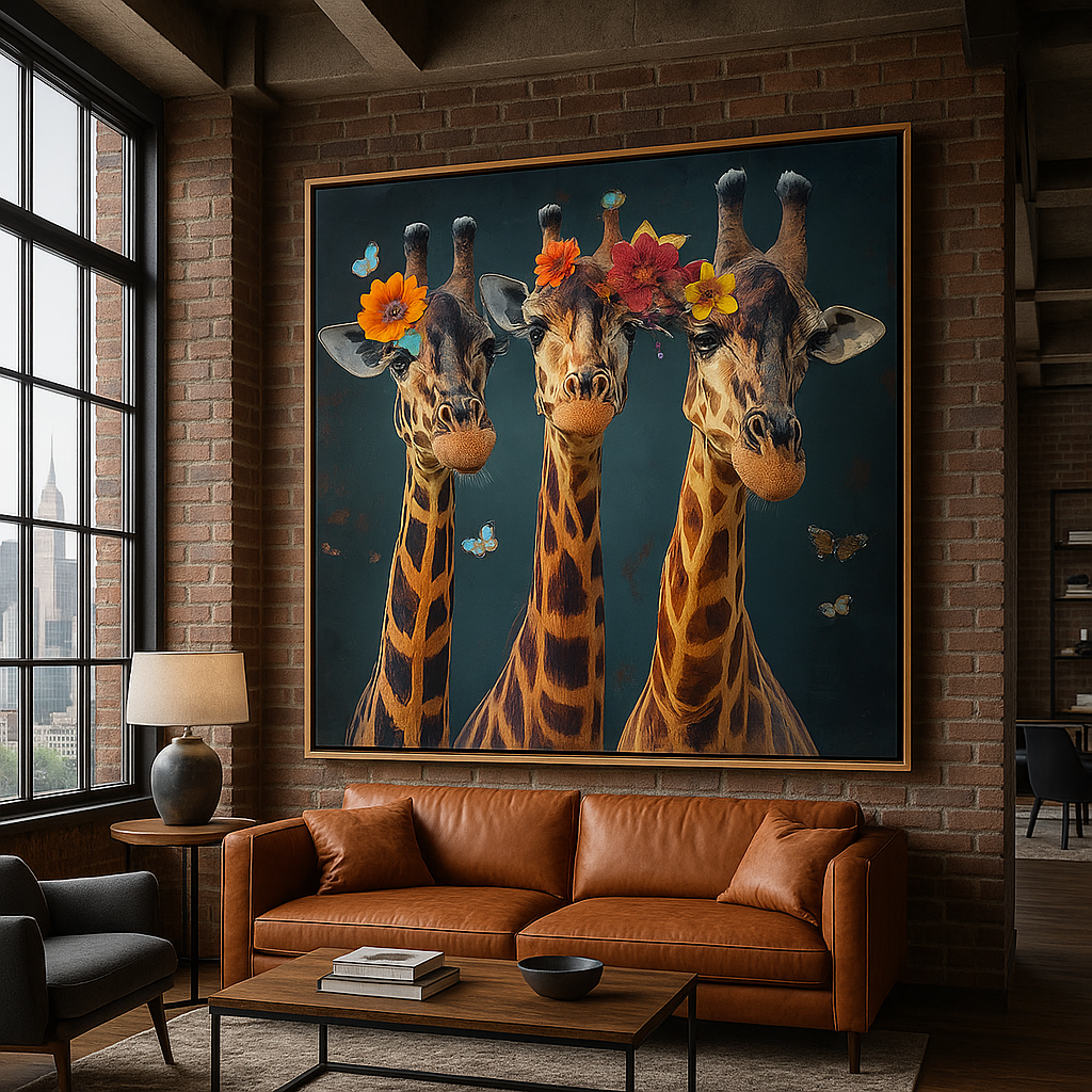 Canvas Print: Giraffe Trio – Whimsical Animal Portrait Wall Art - Chiara Rossetti