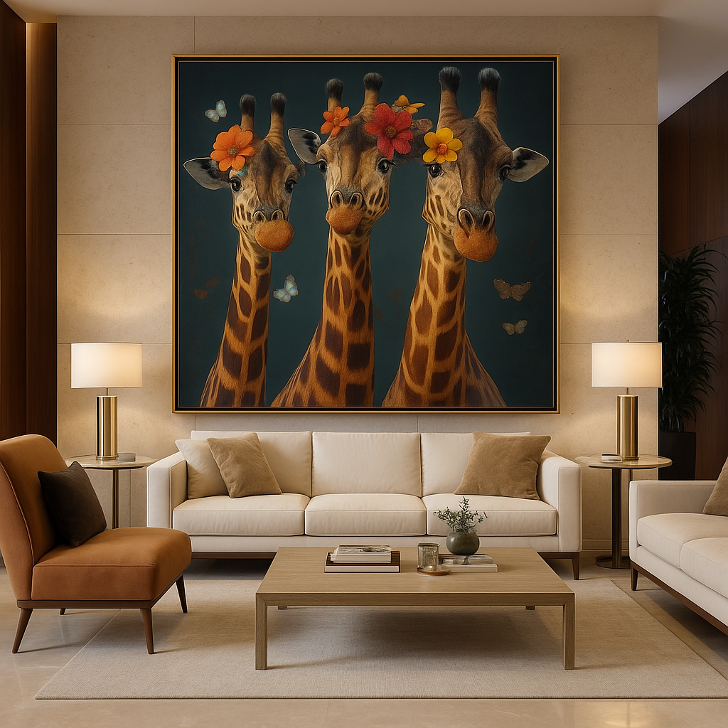 Canvas Print: Giraffe Trio – Whimsical Animal Portrait Wall Art - Chiara Rossetti