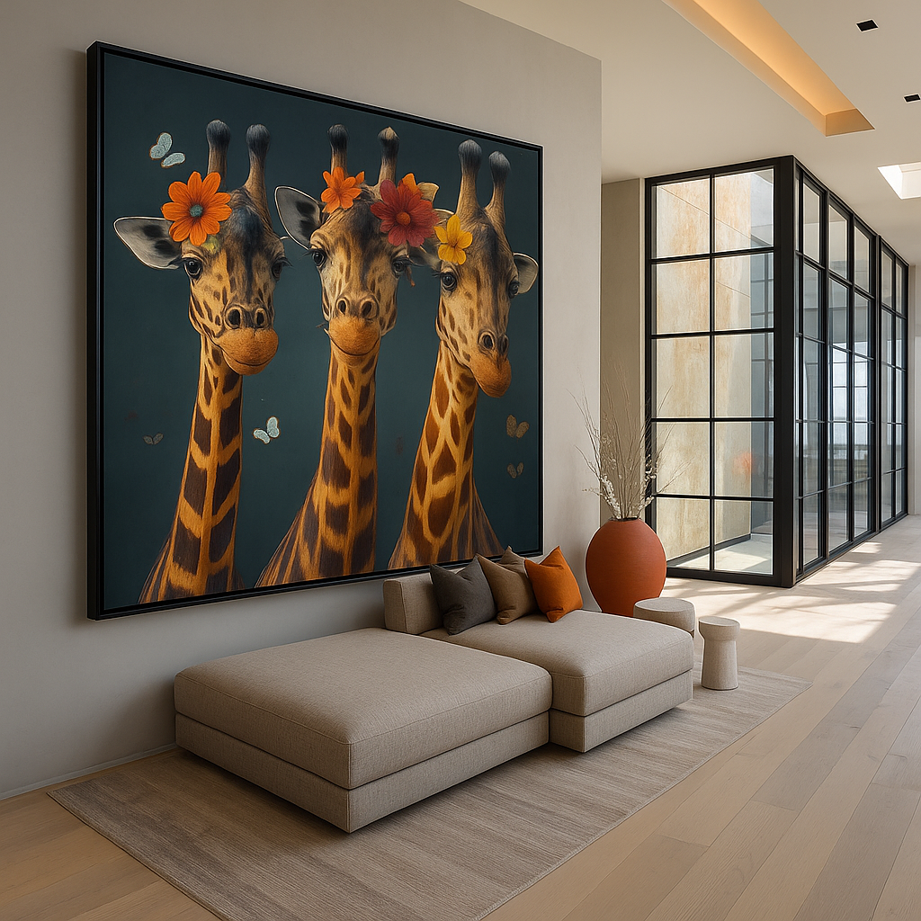 Canvas Print: Giraffe Trio – Whimsical Animal Portrait Wall Art - Chiara Rossetti