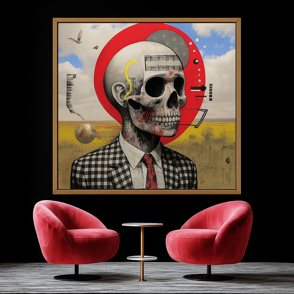 Canvas Print : Skull Reverie - Surreal Skull Art Print – Modern Mixed Media Wall Decor with Red Accents - Chiara Rossetti