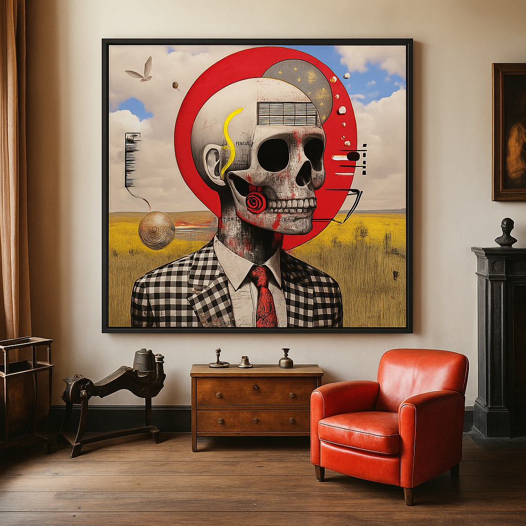 Canvas Print : Skull Reverie - Surreal Skull Art Print – Modern Mixed Media Wall Decor with Red Accents - Chiara Rossetti
